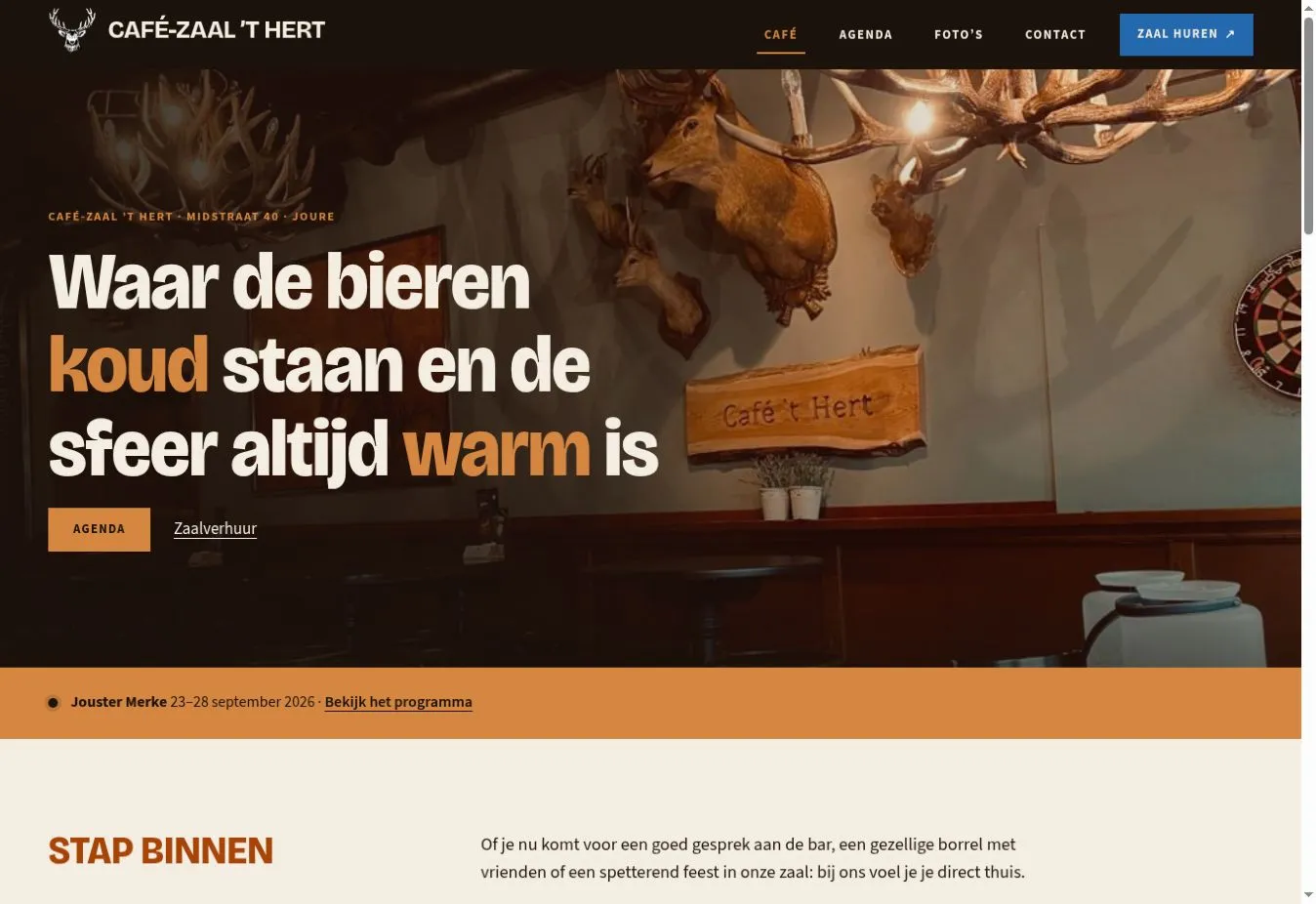 Homepage van Café ’t Hert, met café, agenda, foto’s, contact en zaalverhuur