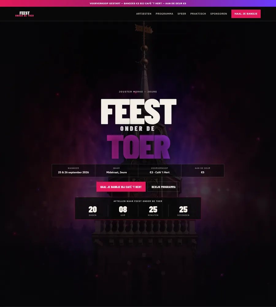 Screenshot van de website van Feest onder de Toer