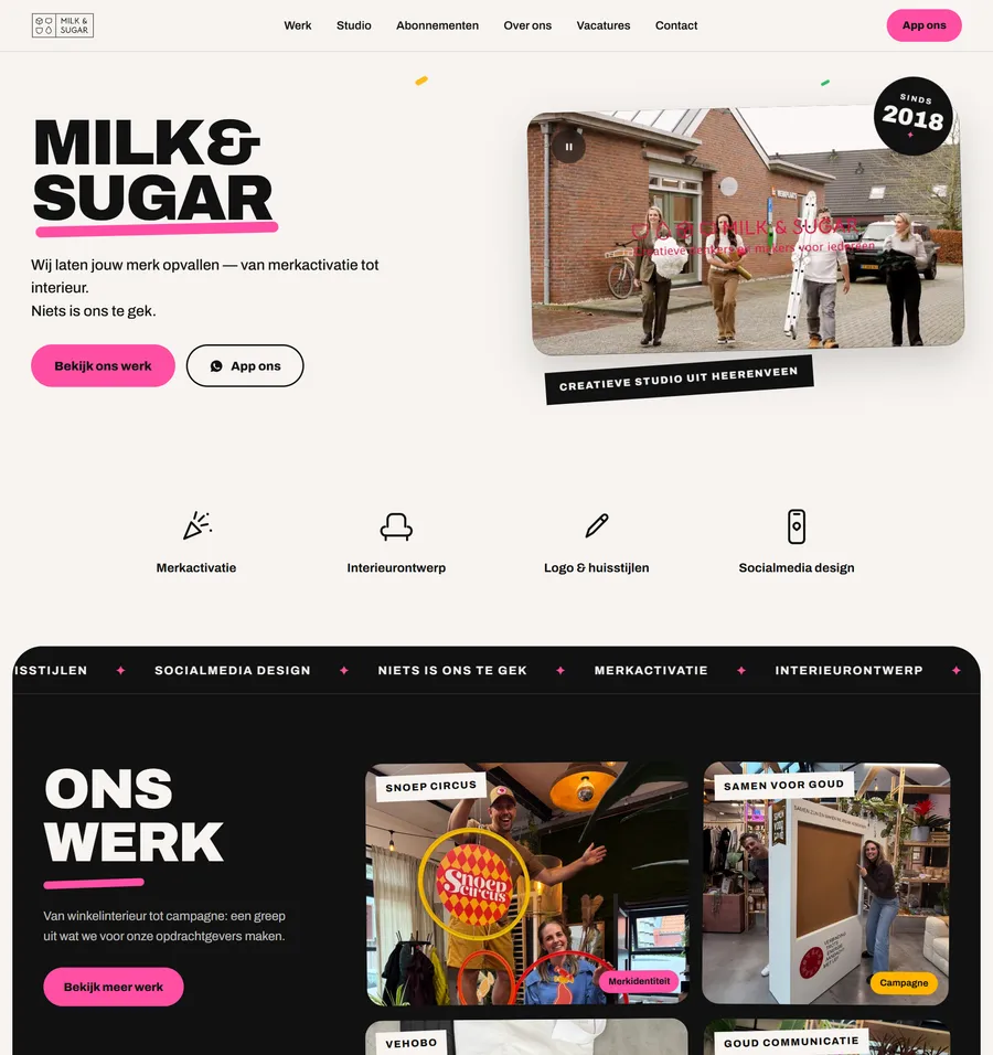 Screenshot van de website van Milk & Sugar