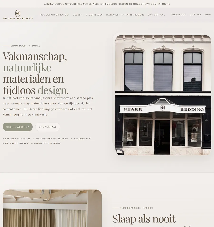 Screenshot van de website van Nearr Bedding